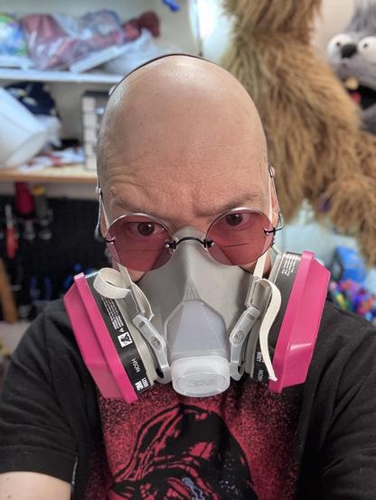 Kevin wearing a face mask respirator to protect from toxic fumes