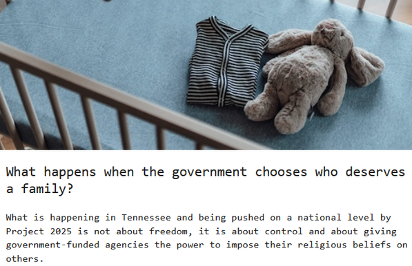 What happens when the government chooses who deserves a family? 

What is happening in Tennessee and being pushed on a national level by Project 2025 is not about freedom, it is about control and about giving government-funded agencies the power to impose their religious beliefs on others.