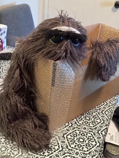 Grey furry live hands monster puppet with large glossy eyes being boxed for shipping