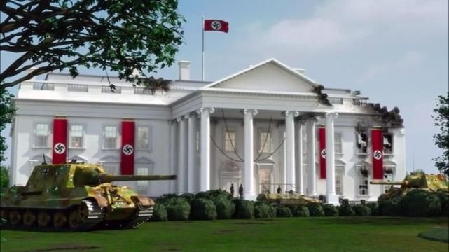 The Whitehouse draped in nazi flags and swastikas from the episode STORM FRONT