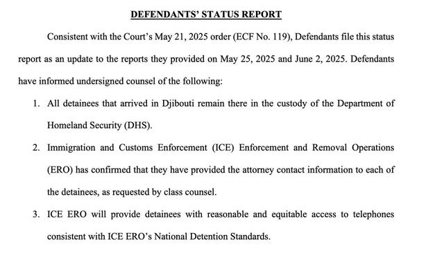 The image is a document titled "DEFENDANTS’ STATUS REPORT," outlining updates related to detainees in Djibouti held by the Department of Homeland Security (DHS). It includes three main points regarding the status of detainees, attorney contact information…