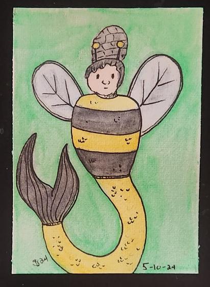 A bumble bee with a beehive hair do merged with a mermaid