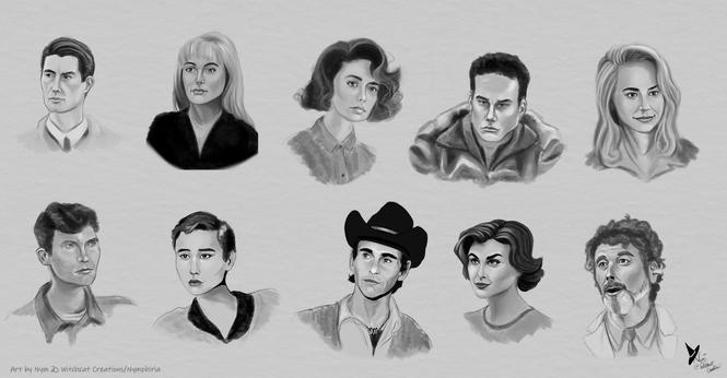 a set of grayscale digital art portraits of 10 characters from the show Twin Peaks- Dale, Laura, Donna, James, Norma, Ed, Josie, Harry, Audrey, and Jacoby