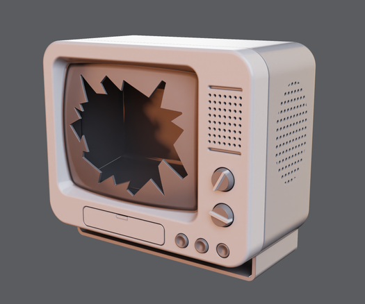 3D rendering of a retro television set with a cracked screen.