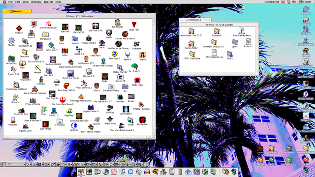 A Mac OS 9 desktop, with a Finder window open and displaying a LOT of games