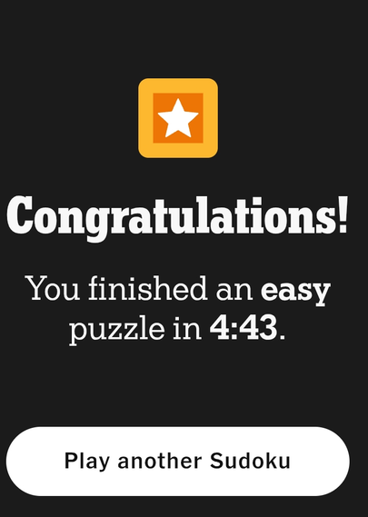 Screenshot of Sudoku puzzle app congratulating the user for completing an easy puzzle within 4 minutes and 43 seconds, displayed with an orange square icon containing a white star and a white "Play another Sudoku" button.