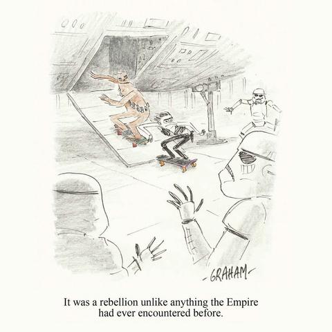 A cartoon illustration of Han Solo and Chewbacca skateboarding out of the Millenium Falcon and surprising the Stormtroopers in the Death Star. Caption reads "It was a rebellion unlike anything the Empire had ever encountered before."