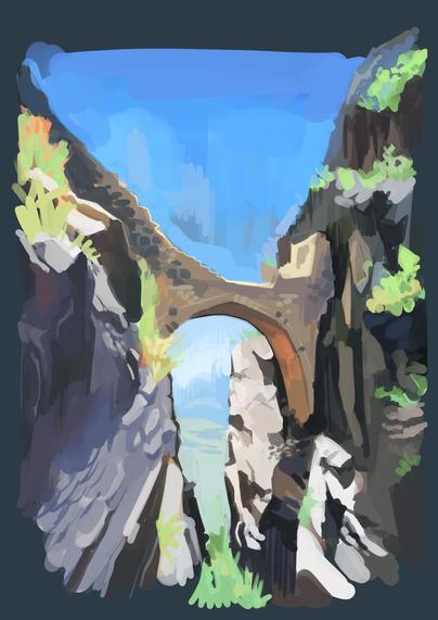 We can see a bridge between two moutains with some plants.