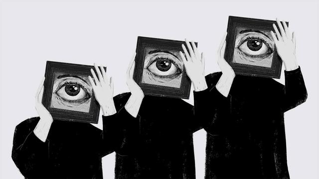Three figures in black clothing hold wooden frames with large eyes, obscuring their faces against a light gray background.