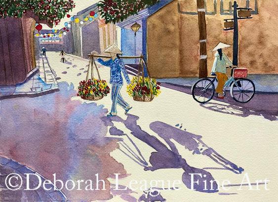 Busy Morning Headed To Market watercolor. Two Asian women headed in different directions on a busy morning. One carries flowers bound for the market. The other rides her bike toward her destination. Lanterns hang above the street in the distance while morning shadows paint the road.