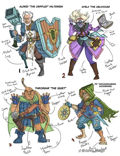4 different character design sketches, all of them in color, and lineart. First one is an older guy with a shield and a hammer, wearing shouilderpads and an apron, since he is a blacksmith. The second is an scholar girl with couple books hanging from her body with a leather belts and holding a third one on her hand. The third one is an archer dwarf making sing laanguage since he is mute, saying "how many?". Fourth one is a halfling thief with his hands broken and holding a knife and  robbing a valuable plate.