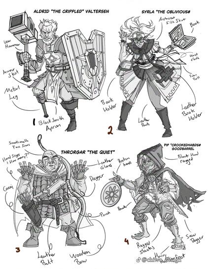4 different character design sketches, all of them in black and white and lineart. First one is an older guy with a shield and a hammer, wearing shouilderpads and an apron, since he is a blacksmith. The second is an scholar girl with couple books hanging from her body with a leather belts and holding a third one on her hand. The third one is an archer dwarf making sing laanguage since he is mute, saying "how many?". Fourth one is a halfling thief with his hands broken and holding a knife and  robbing a valuable plate.