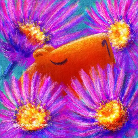 Painting of a Capybara sleeping among pink Aster flowers. The artist's signature and watermark @joyousjoyfuljoyness are at the bottom left.