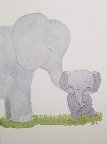 Watercolor happy mama elephant uses her trunk to hug her adorable baby elephant.