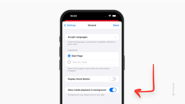 Image showing an iPhone with the Vivaldi Browser app open. It's displaying a settings toggle that allows you to enable or disable the ability to allow media playback in the background.