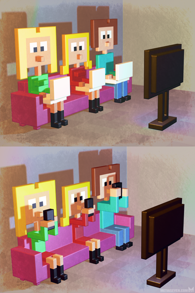 Minimalistic voxel-style illustrations, showing a family sitting on a couch in front of a television, while operating their laptops and mobile phones.