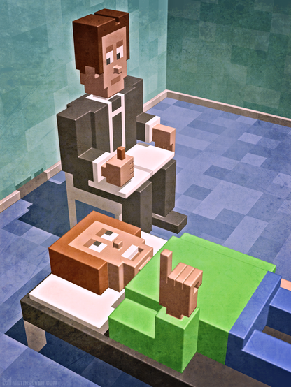 Illustration in a minimalistic, semi-abstract voxel style, depicting a psychotherapist listening to a patient lying on a couch.