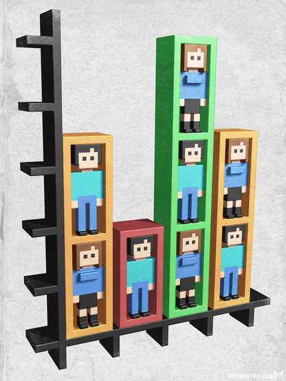 A minimalistic voxel style bar graph, existing of men and women standing in stacked boxes.