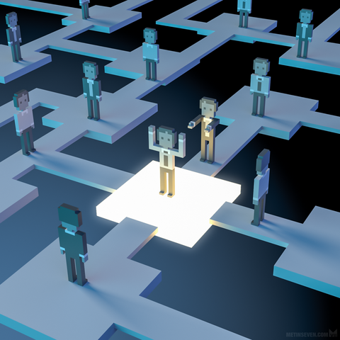 Illustration in a minimalistic voxel style, showing an abstract network structure with people standing on small connected platforms. One of the platforms is lit, emphasizing the figure standing on it. He is presented by a figure standing behind him.