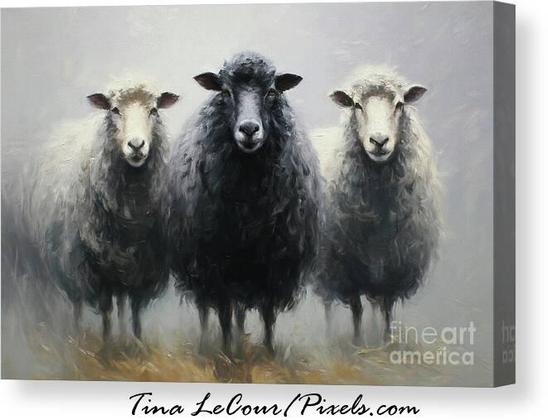 This is a canvas of three black and white rustic farmhouse sheep standing in some hay.