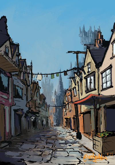 A painterly cityscape, a residential district of a medieval fantasy city, with monstrously large cathedral-like towers looming in the distance. ArtGubbin.