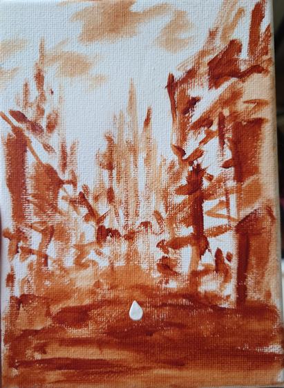 A very rough, effectively abstract acrylic sketch of a cityscape with a looming tower.