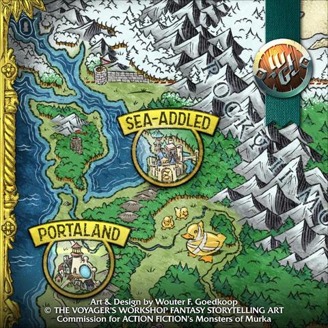 Closeup of the double-page spread full colour Map of Murka, featuring lots of the unique lore and locations of this “rip-roaring adventure for Dungeons & Dragons, taking players through a high-fantasy parody of America, with everything from Freedom Dragons to Shopping Mauls to Furry Druids”.