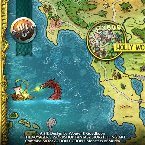 Closeup of the double-page spread full colour Map of Murka, featuring lots of the unique lore and locations of this “rip-roaring adventure for Dungeons & Dragons, taking players through a high-fantasy parody of America, with everything from Freedom Dragons to Shopping Mauls to Furry Druids”.