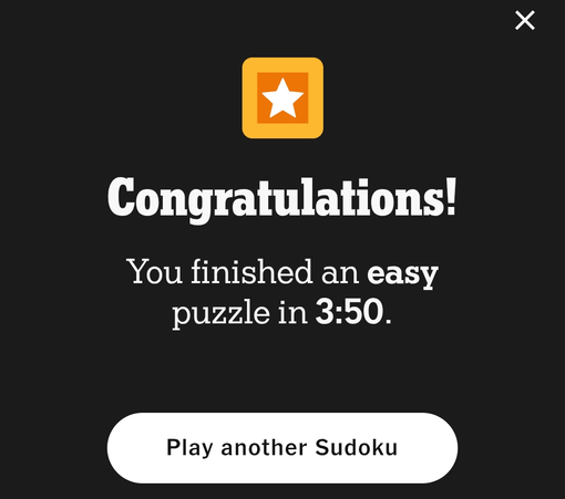 Screenshot of a congratulatory message for completing an easy Sudoku puzzle in three minutes and fifty seconds; an option to play another Sudoku puzzle is available.