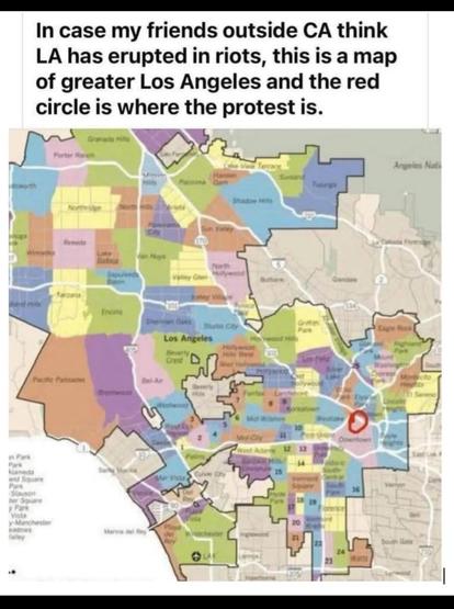 Map showing the gigantic city of Los Angeles with a tiny red circle around the area where anti-ICE protests are.