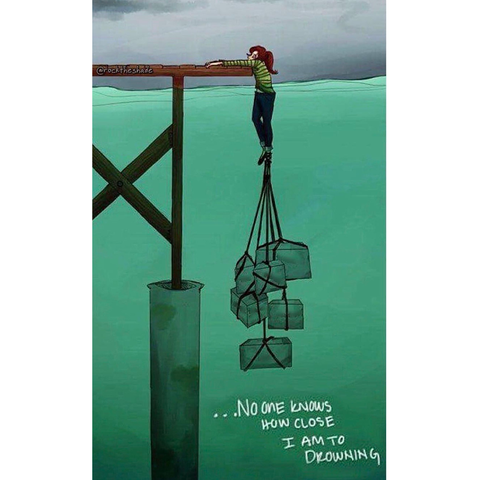 a person holding on to the side of a pier with weights tied to her

...no one knows how close I am to drowning