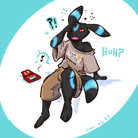 digital art by me (no ai) of an umbreon anthro sitting on a ledge looking a bit dazed and confused at his new form. his clothing hangs baggy off his body as he rubs his head and the pokedex dings cheerfully nearby.