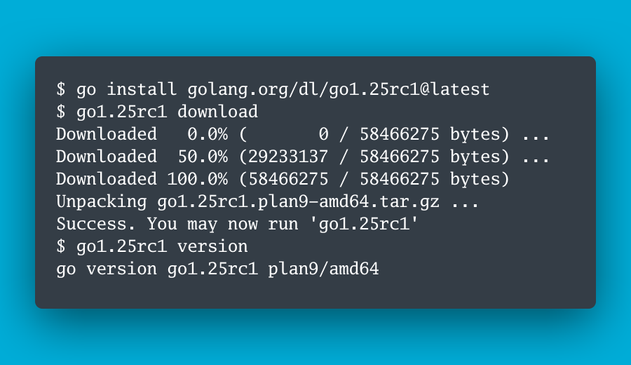 $ go install golang.org/dl/go1.25rc1@latest
$ go1.25rc1 download
Downloaded   0.0% (       0 / 58466275 bytes) ...
Downloaded  50.0% (29233137 / 58466275 bytes) ...
Downloaded 100.0% (58466275 / 58466275 bytes)
Unpacking go1.25rc1.plan9-amd64.tar.gz ...
Success. You may now run 'go1.25rc1'
$ go1.25rc1 version
go version go1.25rc1 plan9/amd64