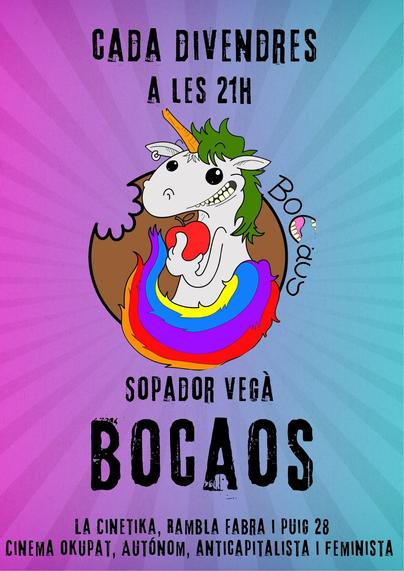Es es logo de Bocaos, un Unicorn una mica punky. I diu que es tots els divendres a les 21h a La Cinètika, Rambla Fabra i apuig 28. Cinema okupat, autònom, anticapitalista i Feminista