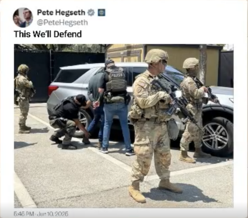 Secretary of Defense Hegseth tweeted a photo of Marines protecting ICE agents with the message: "This we'll defend."