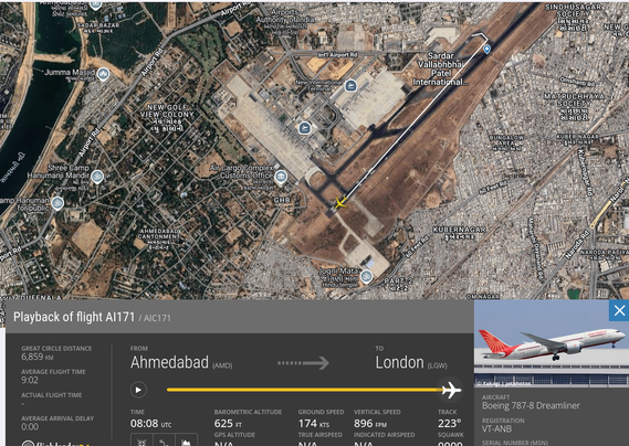 Aircraft path showing it to the end of a runway and then no signal, because it crashed in the neighborhoods beyond the runway