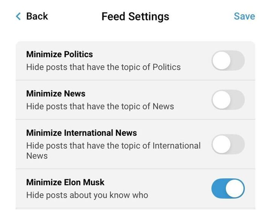 Screenshot of Surf  app Feed Settings panel where the option "Minimize Elon Musk" is toggled on.