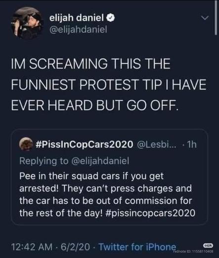 IM SCREAMING THIS THE FUNNIEST PROTEST TIP I HAVE EVER HEARD BUT GO OFF.

#PissInCopCars2020
Pee in their squad cars if you get arrested! They can't press charges and the car has to be out of commission for the rest of the day! #pissincopcars2020