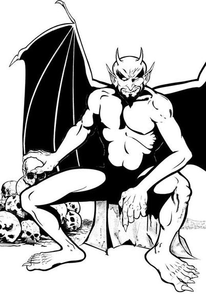 A black and white illustration of Mephistopheles seated with bat-wings outstretched, a pile of human skulls to his right on the floor of a cave in Hell.