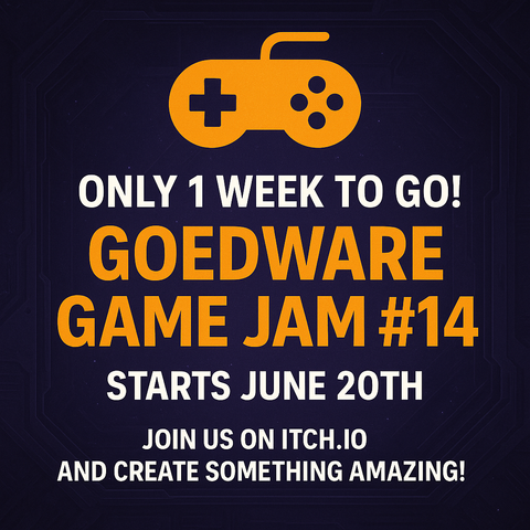 Only 1 week to go! GoedWare Game Jam #14 starts June 20th. Join us now on itch.io and create something amazing!