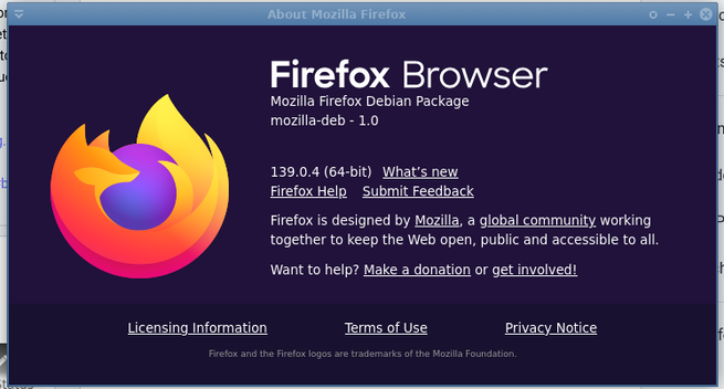 the "about firefox" window showing the version 139.0.4
