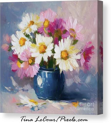 This is an impressionism canvas of some pink and white daisy flowers in a blue vase.