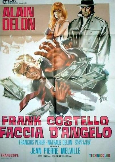 A red-headed woman, her bare arm up to her face defensively, looks across at a man in a trench coat pointing a handgun. Main image, a man falling down, one hands upraised and one clutching at his bleeding chest, with stacks of money in the air around him.

Poster for the 1967 movie “Le Samourai” starring Alain Delon, François Périer, Nathalie Delon, Cathy Rosier .