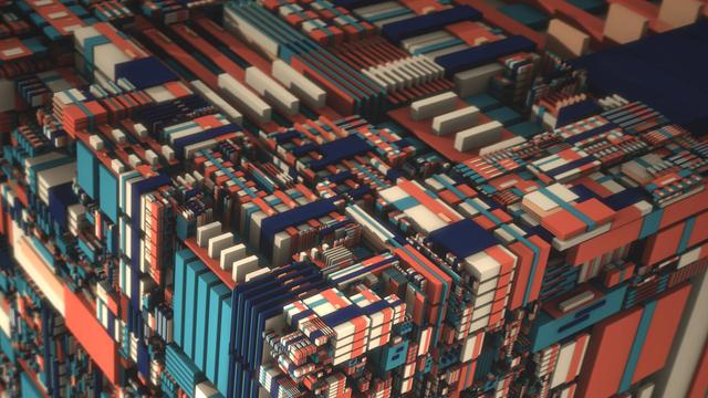 Abstract procedurally generated render of a series of cubes at different scales in pleasing repeating patterns.