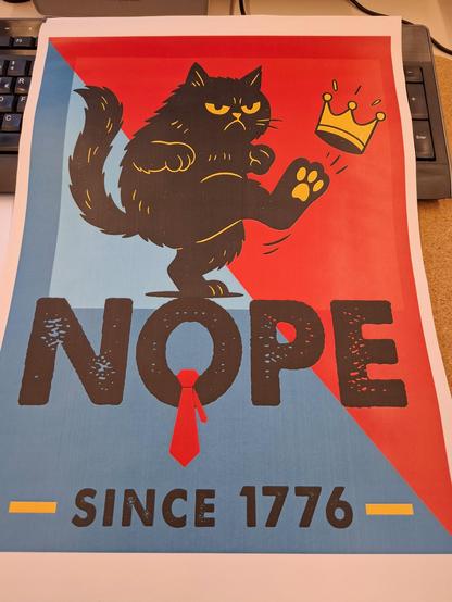 A graphic poster featuring a black cat with an angry expression, raising a paw. The background is divided into blue and red sections, and a crown hovers above the cat. The words "NOPE" are prominently displayed, along with "SINCE 1776"