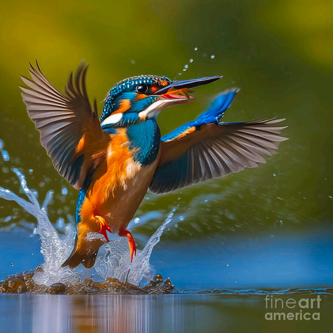 Kingfishers live all over Australia, but predominantly in coastal regions. We have 10 native species, including the Kookaburra, which is the largest.
Kingfishers nest in tree hollows, in burrows in riverbanks and in termite nests. They feed on small animals, including fish, frogs, yabbies, snakes, insects and nestlings of other birds.
Cloaked in stunning green, blue, turquoise and orange plumage, some kingfishers were once in danger of being hunted to extinction for their feathers.
Despite their elaborate garb these stocky birds are tough and hunt by darting upon prey in a flash of color from branches above the river or forest floor. The kingfisher’s heavy beak is the perfect tool for despatching victims quickly – they smack their hapless prey against tree branches before swallowing them whole.

Digital art creation by Kaye Menner - edited in Photoshop.
https://kaye-menner.pixels.com/featured/kingfisher-emerging-from-water-by-kaye-menner-kaye-menner.html