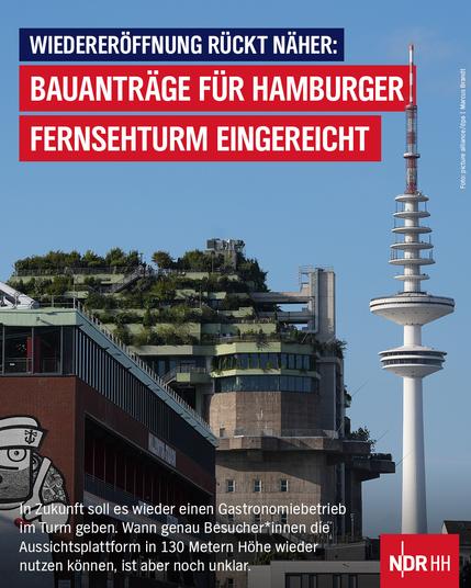 Bild: Der Hamburger Bunker ist links im Bild. Rechts daneben ist der Fernsehturm.

Text: Wiedereröffnung rückt näher: Bauanträge für Hamburger Fernsehturm eingereicht. In Zukunft soll es wieder einen Gastronomiebetrieb im Turm geben. Wann genau Besucher:innen die Aussichtsplattform in 130 Metern Höhe wieder nutzen können, ist aber noch unklar.