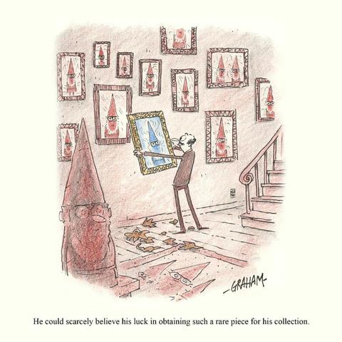 A cartoon illustration of a man looking at a painting of a blue gnome he's just unpackaged in front of a wall covered in paintings of red gnomes. Caption reads "He could scarcely believe his luck in obtaining such a rare piece for his collection."