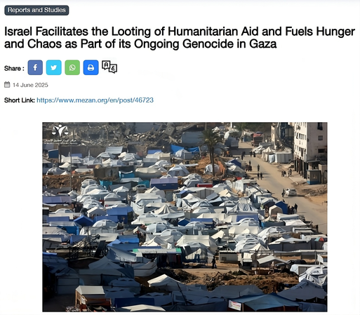 L'immagine mostra un report intitolato "Israel Facilitates the Looting of Humanitarian Aid and Fuels Hunger and Chaos as Part of its Ongoing Genocide in Gaza". Il report è datato 14 giugno 2025 e include un link abbreviato: https://www.mezan.org/en/post/46723. Sono presenti icone per la condivisione su Facebook, Twitter, WhatsApp e tramite email.

Sotto il testo, c'è una fotografia che raffigura un grande numero di tende, probabilmente parte di un campo profughi, con persone che camminano e alcuni edifici sullo sfondo.