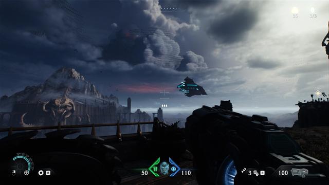 **TL;DR:** First-person HUD screenshot from *Doom: The Dark Ages* showing a gothic sci-fi landscape with a floating ship and a demonic fortress.

The image is a dark, atmospheric first-person screenshot from *Doom: The Dark Ages*. The player wields a futuristic gun, and a large demonic castle with a skull-shaped facade sits in front of a snowy mountain. A floating sci-fi ship with blue lights hovers in the sky. The HUD shows the player's health (50), armor (110), ammo (100), and abilities (e.g., three droplets, grenade count, etc.). The environment is stormy with ominous clouds and birds circling the fortress. A distant waypoint marks "208m" away.